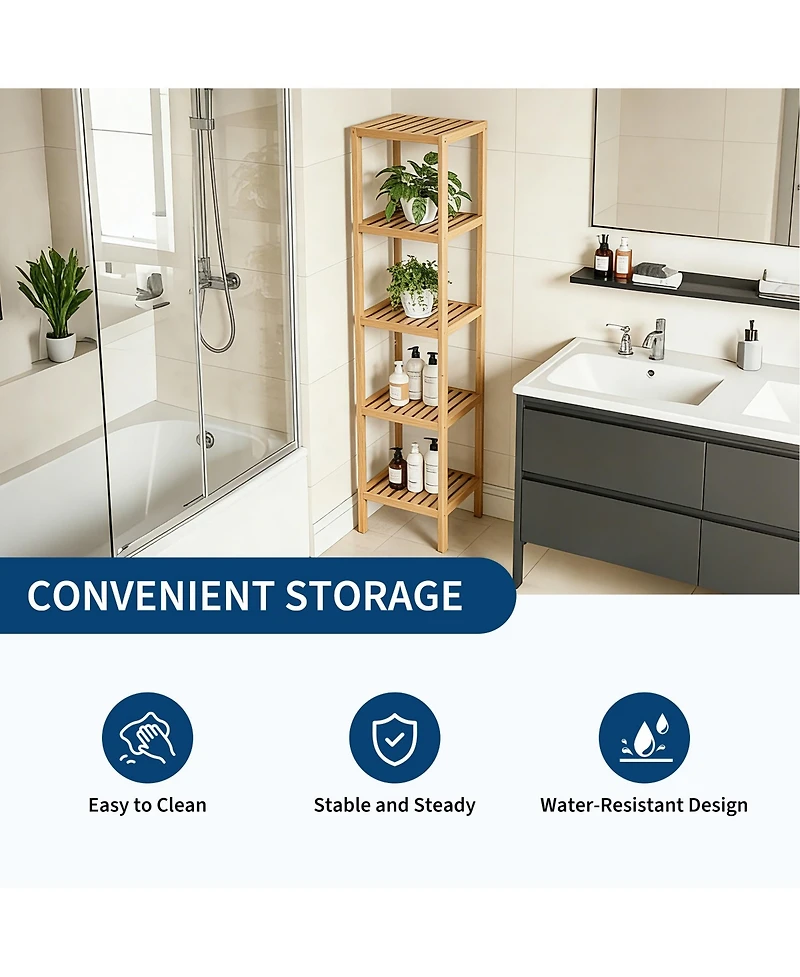 gaomon Space Saving 5 Tier Wooden Bathroom Shelf, Narrow Standing Storage Rack with Slatted Natural Wood, Versatile for Towels, Plants