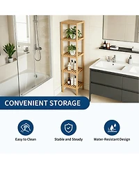 gaomon Space Saving 5 Tier Wooden Bathroom Shelf, Narrow Standing Storage Rack with Slatted Natural Wood, Versatile for Towels, Plants