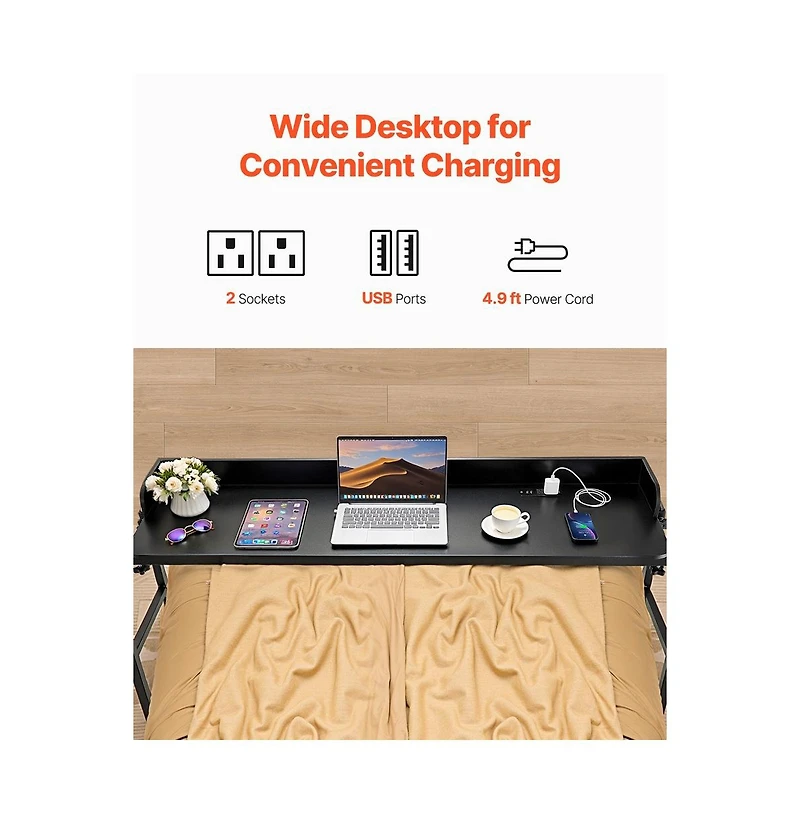 Sugift Mobile Overbed Desk with Power Outlets and Usb Ports 4 Wheels Adjustable