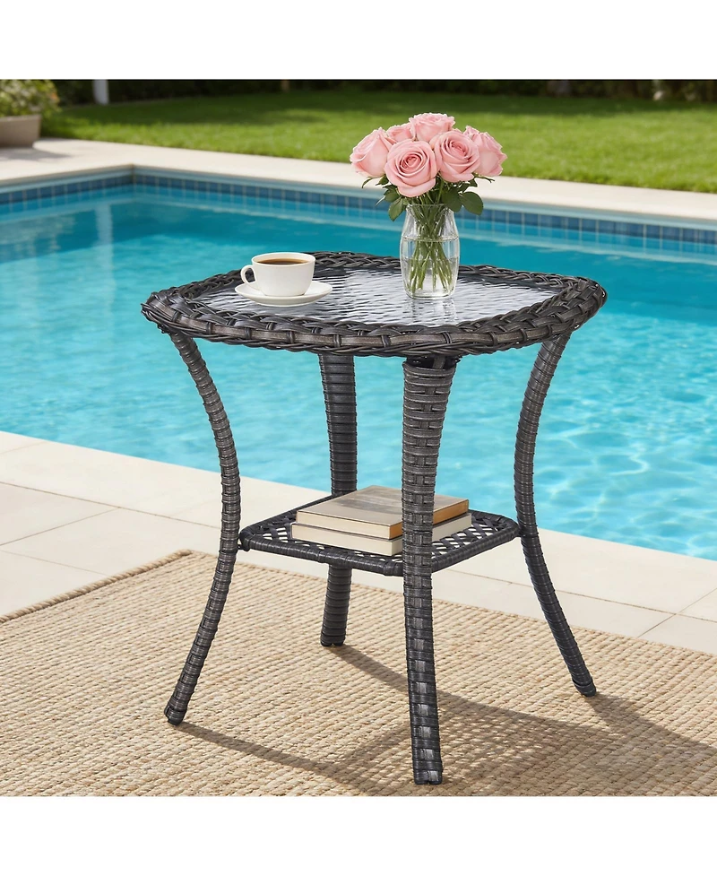 Pocassy Wicker Side Table Outdoor, Patio Rattan with Glass Top and Storage Shelf, 22" Tall Coffee for Yard, Deck, Garden
