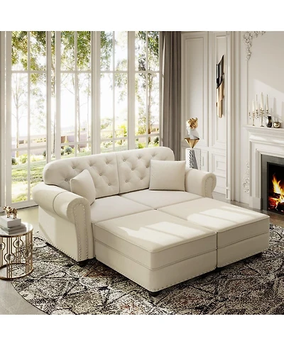 Maison Boucle 63'' Velvet Loveseat Set with 2 Ottomans, Chesterfield Nailhead Tufted