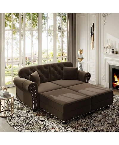 Maison Boucle 63'' Velvet Loveseat Set with 2 Ottomans, Chesterfield Nailhead Tufted