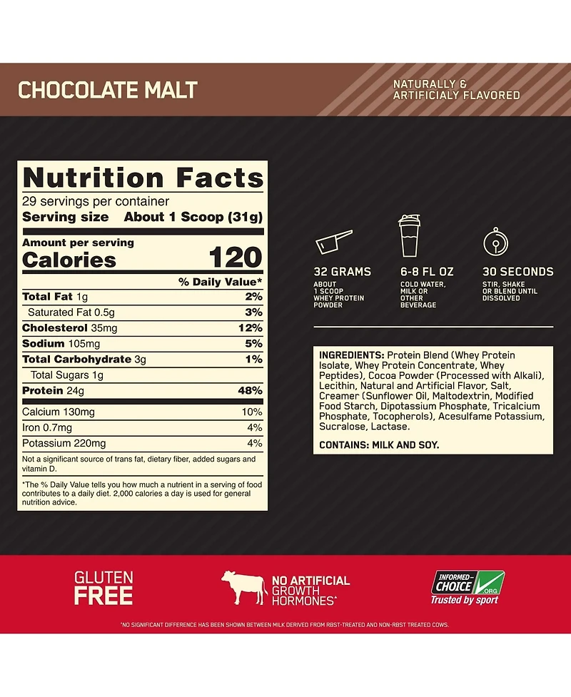 Optimum Nutrition Gold Standard 100% Whey Protein Powder, Chocolate Malt, 2 Pound (Packaging May Vary)