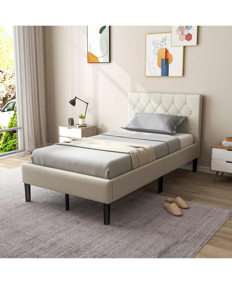 Gouun Twin Upholstered Platform Bed Frame with Button Tufted Headboard