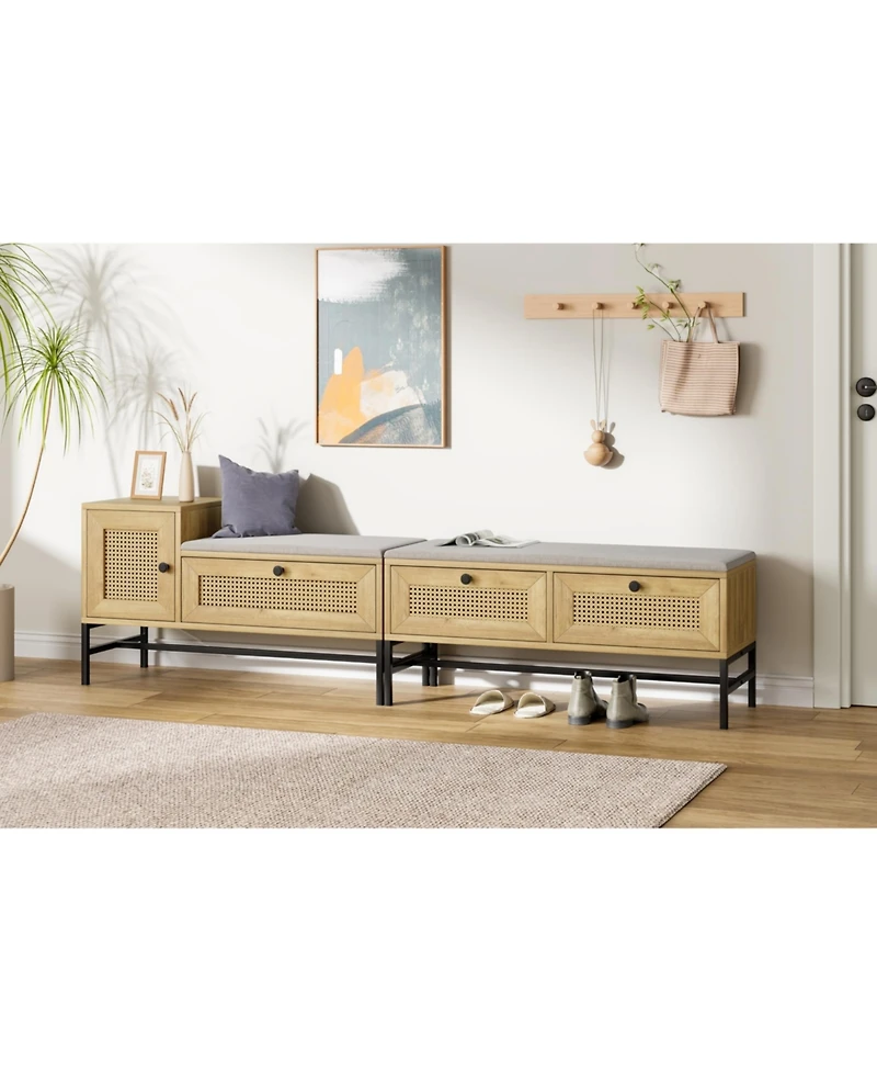 Farmhouse Shoe Bench, 39 Inch Wood Storage Bench with Rattan Cabinet and Drawer, Cushioned Entryway Seating for Hallway