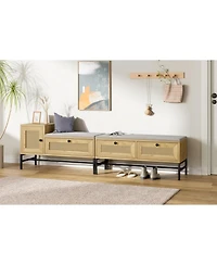 Farmhouse Shoe Bench, 39 Inch Wood Storage Bench with Rattan Cabinet and Drawer, Cushioned Entryway Seating for Hallway
