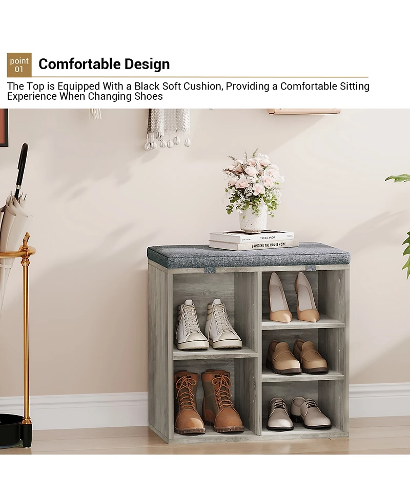 homfan Shoe Storage Bench, Upholstered 10 Cubbies Organizer with Cushion and Adjustable Shelves for Entryway