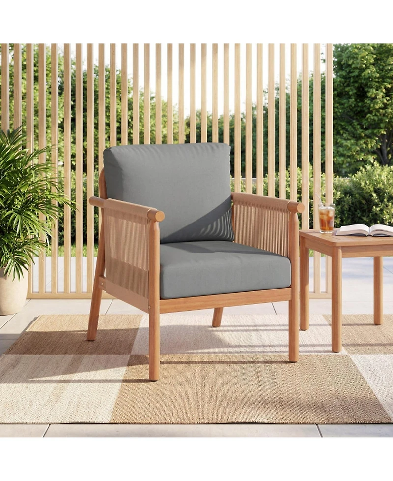 Gouun Set of 2 Acacia Wood Patio Chairs with Woven Rope Armrests and Padded Cushions