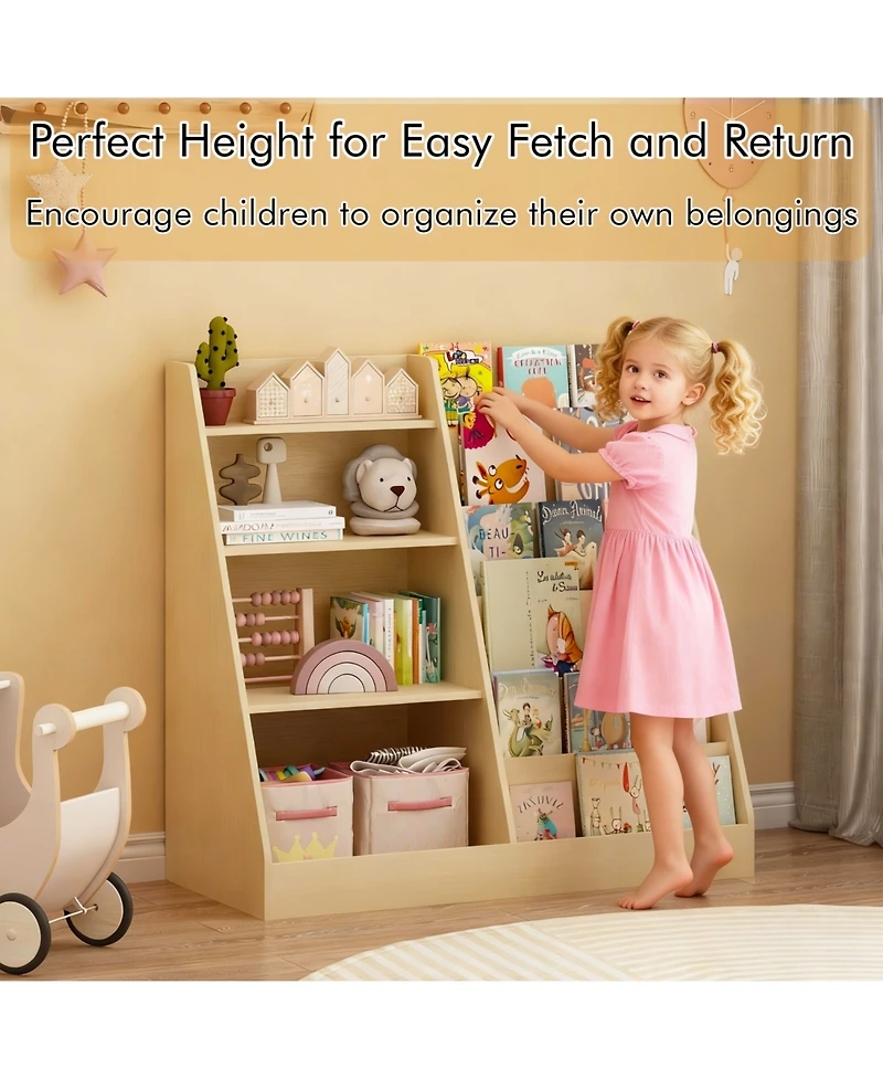 Rainsken Kids Bookshelf and Toy Organizer, 5 Cubbies Wooden Open Bookcase, with Legs, Free Standing, for Playing Room, Bedroom, Nursery, Classroom