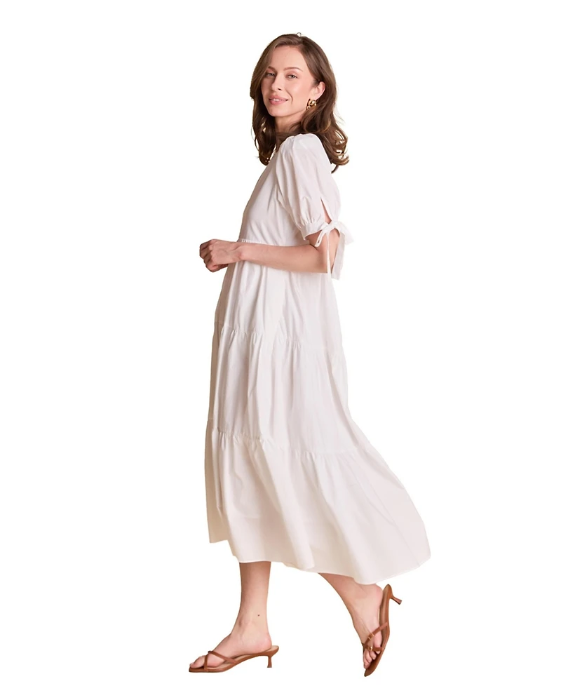 English Factory Women's Tiered Midi Dress With Bow Tie Sleeves