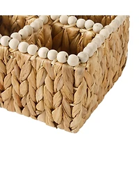 Gibson Home Woven Utensil Caddy with 4 Compartments, Hand-Braided Water Hyacinth Basket with Wood-Bead Trim