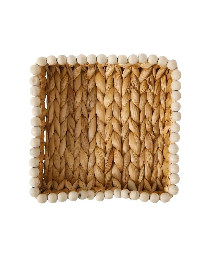 Gibson Home Woven Decorative Napkin Holder Tray - Water Hyacinth Square Basket with Wood-Bead Trim for Napkins