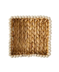 Gibson Home Woven Decorative Napkin Holder Tray - Water Hyacinth Square Basket with Wood-Bead Trim for Napkins