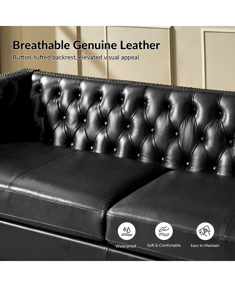 Hulala Home Theotis 84"W Chesterfield Button-Tufting Genuine Leather Sofa with Solid Wood Legs