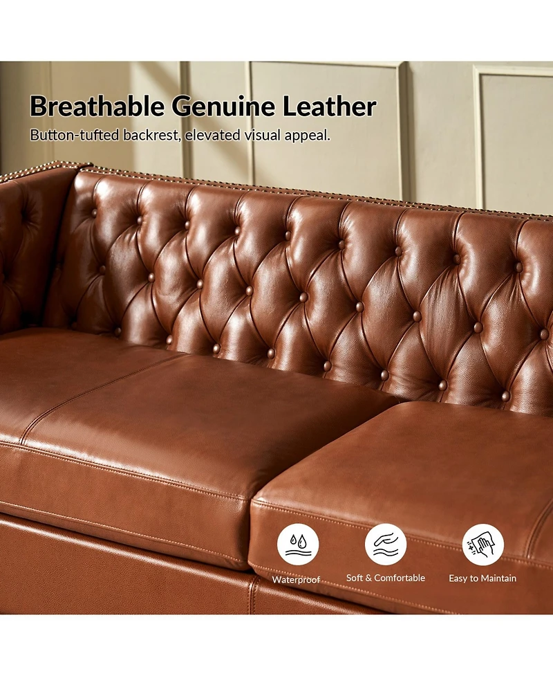 Hulala Home Theotis 84"W Chesterfield Button-Tufting Genuine Leather Sofa with Solid Wood Legs