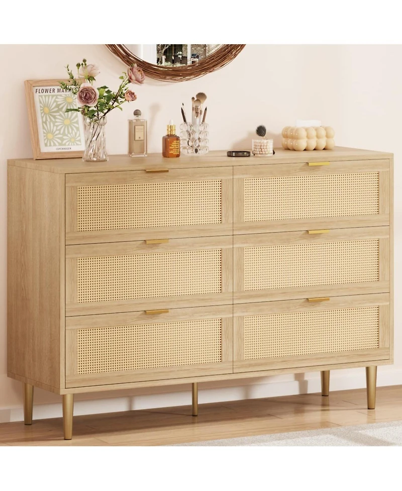 gaomon Natural Rattan 6 Drawer Dresser for Bedroom, Chest of Drawers with Legs and Handles