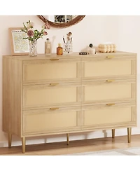 gaomon Natural Rattan 6 Drawer Dresser for Bedroom, Chest of Drawers with Legs and Handles