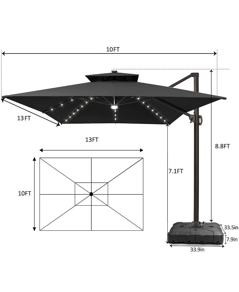 Pellebant Outdoor Patio 10X13Feet Aluminum Double Canopy Solar Lights Cantilever Umbrella with Wheel Base