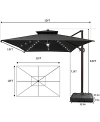 Pellebant Outdoor Patio 10X13Feet Aluminum Double Canopy Solar Lights Cantilever Umbrella with Wheel Base