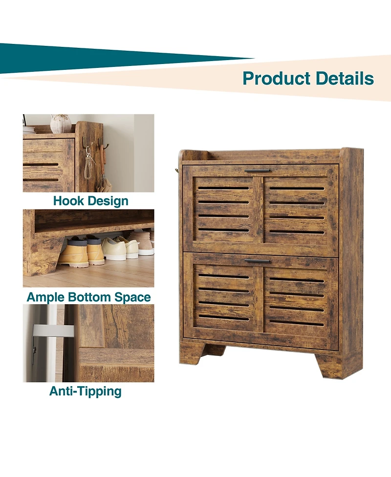 Homfan Two-Tier Flip Door Shoe Cabinet with Spacious Storage, Freestanding Entryway Organizer for Shoes and Accessories
