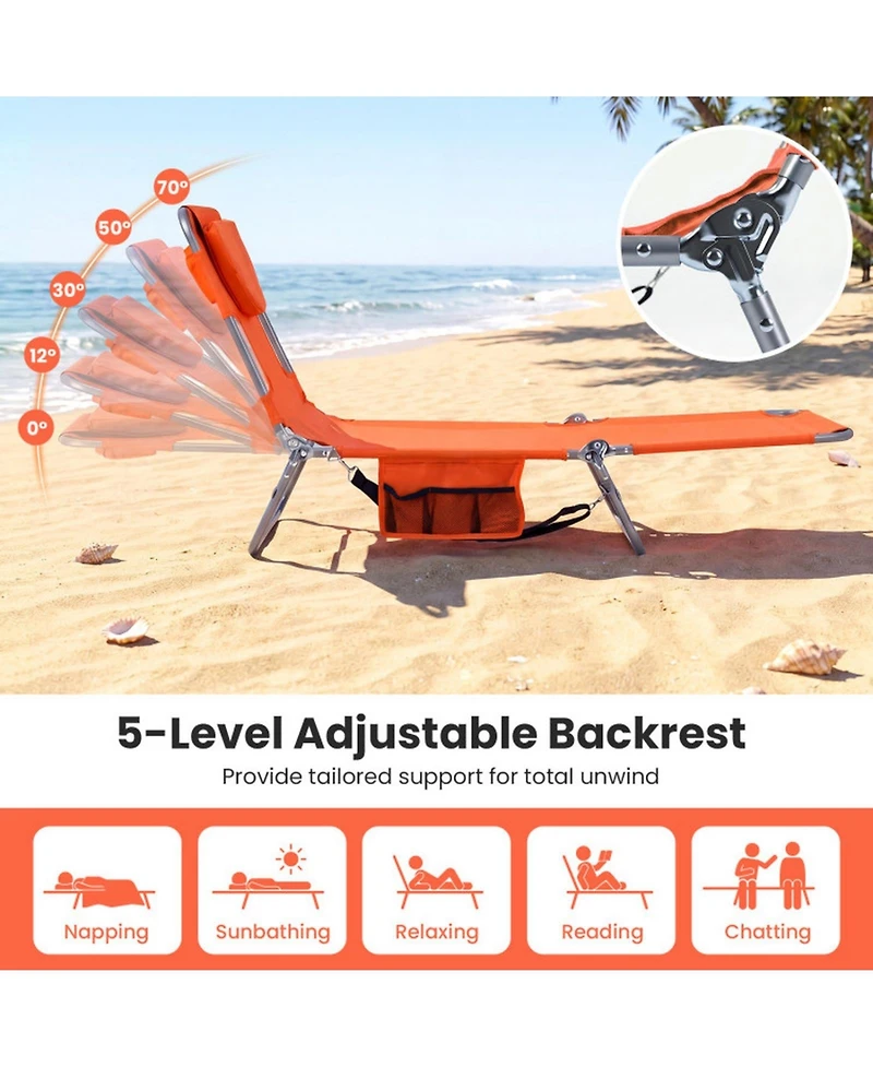 Gouun Folding Beach Lounge Chair with 5-Level Adjustable Backrest and Face Hole