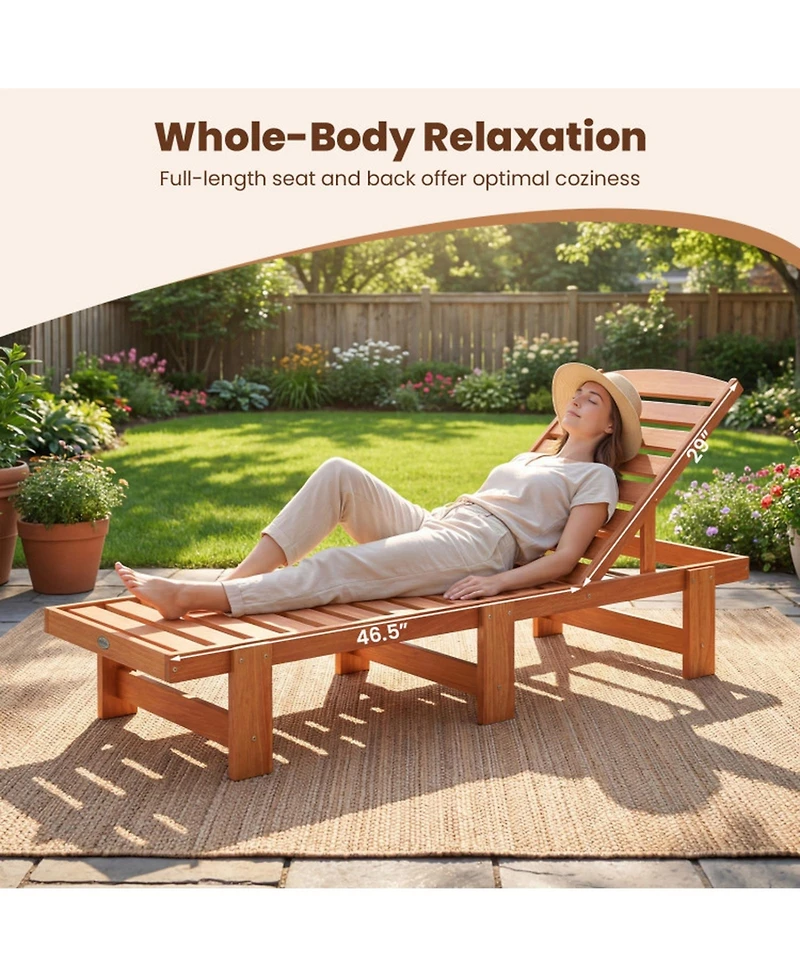 Gouun Solid Wood Patio Chaise Lounge Recliner with 5-Position Adjustable Backrest
