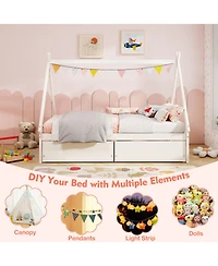 Gouun Twin Wooden House Bed Platform Frame 2 Storage Drawers Kids