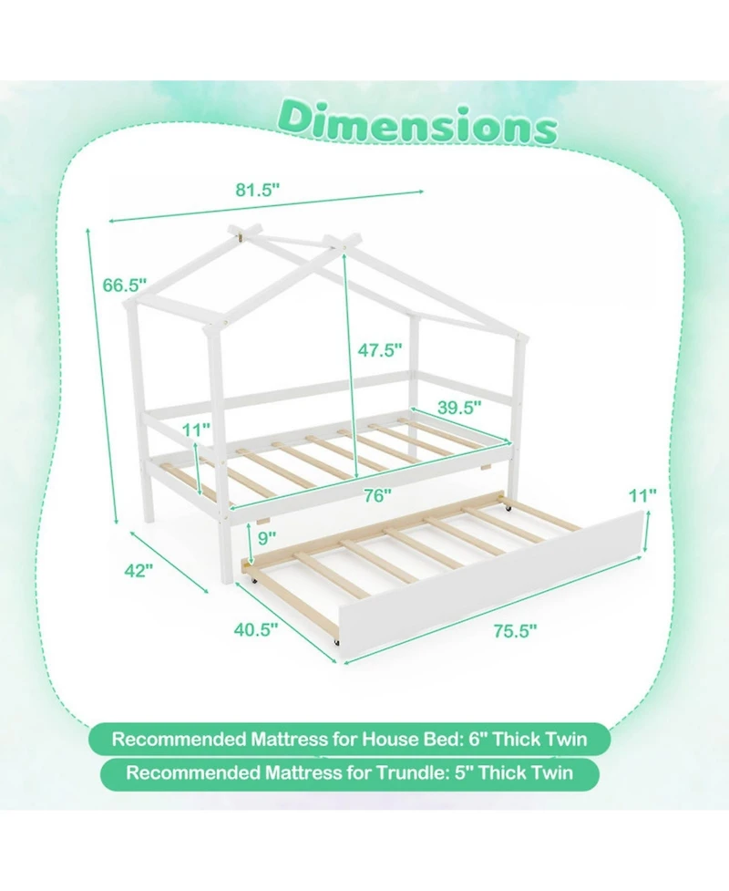 Gouun Twin House Bed Frame Trundle Roof 8 Plywood Slats Kids Guardrail