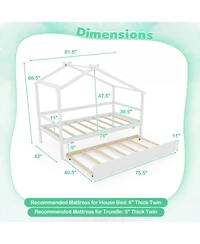 Gouun Twin House Bed Frame Trundle Roof 8 Plywood Slats Kids Guardrail