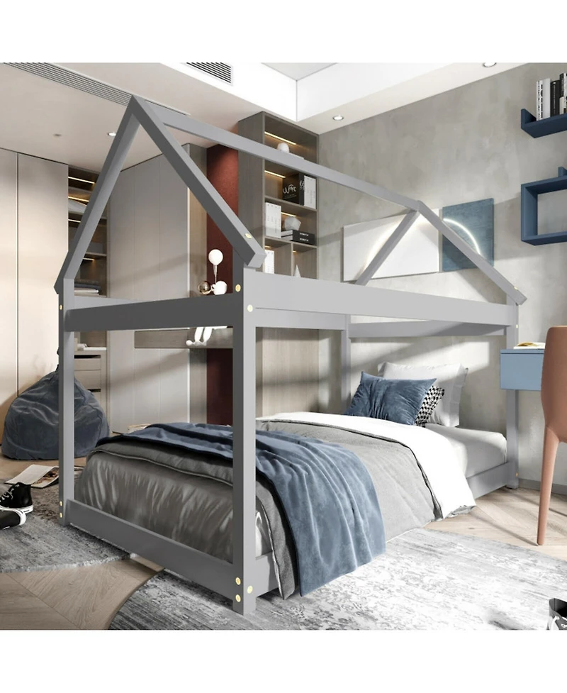 Gouun Twin Kids House Bed with Roof and Reinforced Slats