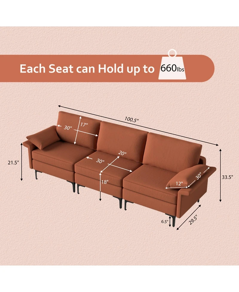 Gouun 3-Seat Sectional Sofa with Metal Legs and Usb Charging Ports