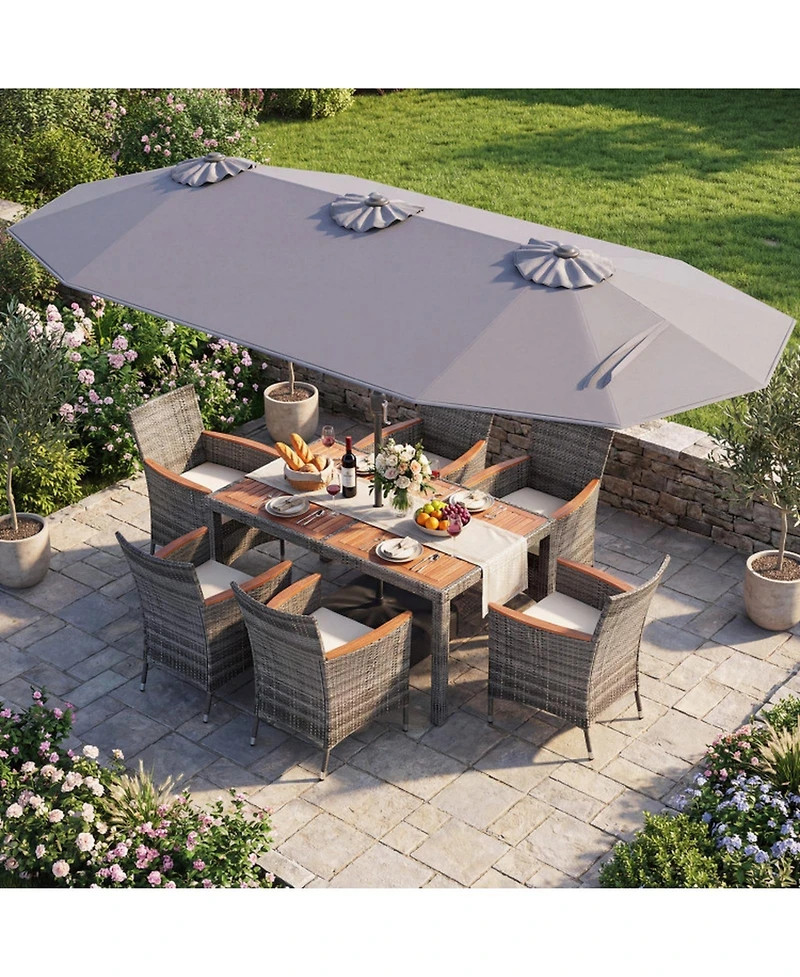Gouun 8-Piece Outdoor Wicker Dining Set with 13.5 Ft Double-Sided Solar Led Umbrella