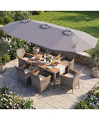 Gouun 8-Piece Outdoor Wicker Dining Set with 13.5 Ft Double-Sided Solar Led Umbrella