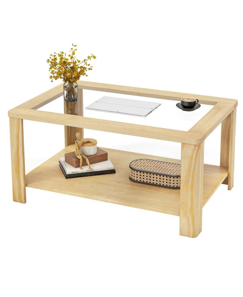 Gouun 2-Tier Rectangular Coffee Table with Tempered Glass Top