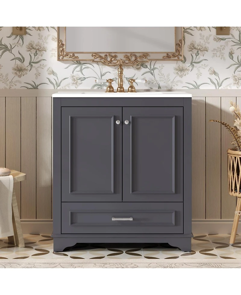 Sillysis Bathroom Vanity with Ceramic Sink, Drawer 2 Soft Close Doors, Adjustable Shelf Storage for Modern