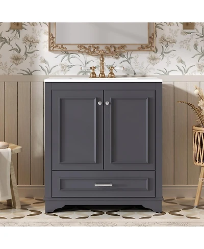 Sillysis Bathroom Vanity with Ceramic Sink, Drawer 2 Soft Close Doors, Adjustable Shelf Storage for Modern