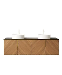 Sillysis 60 Inch Double Sink Bathroom Vanity, Sintered Stone Top, Double Ceramic Vessel Sink