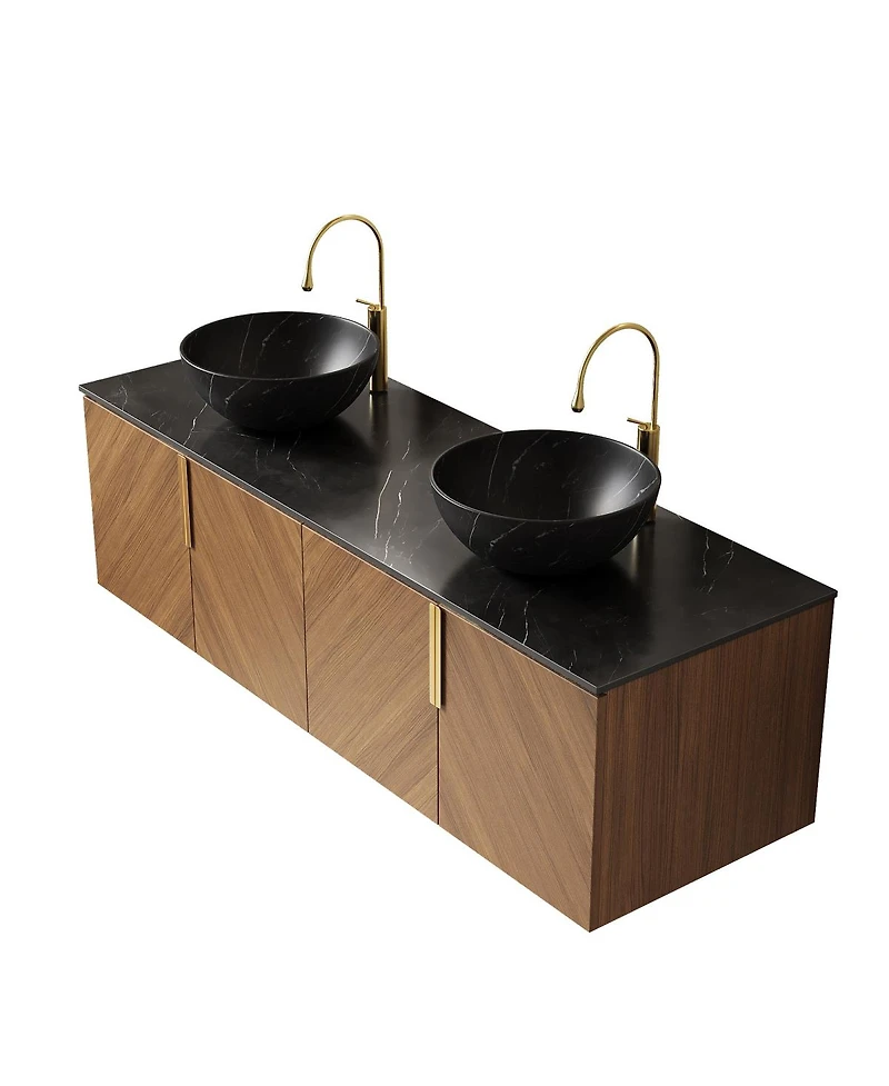 Sillysis 60 Inch Double Sink Bathroom Vanity, Sintered Stone Top, Double Ceramic Vessel Sink, Soft Close Large Storage