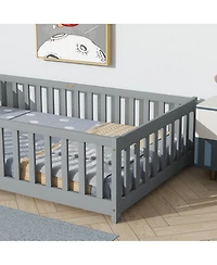 Sailvan Twin Floor Bed with Fence,Solid Rubber Wood Kids Frame