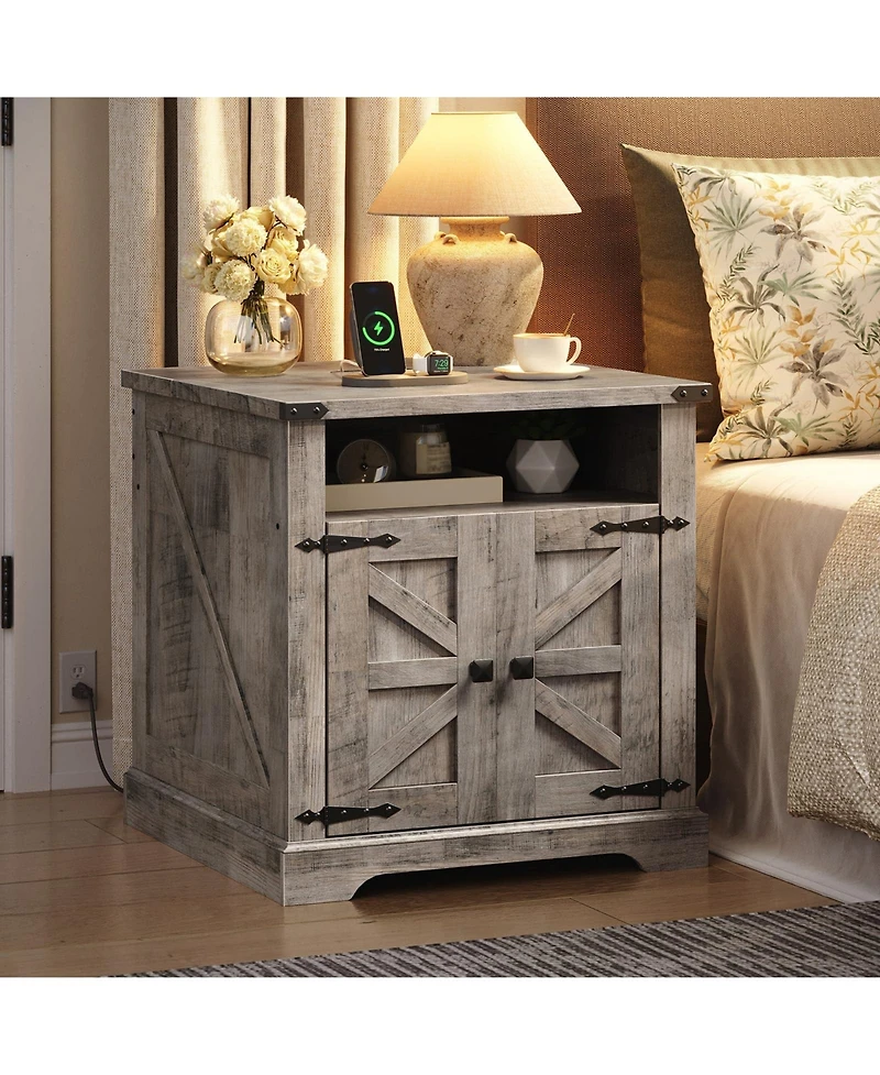 Slickblue Wooden Farmhouse Bedside Table 23.6 Inch with Charging Station