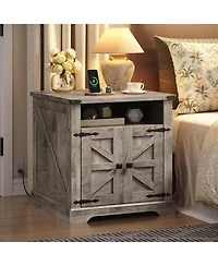 Slickblue Wooden Farmhouse Bedside Table 23.6 Inch with Charging Station
