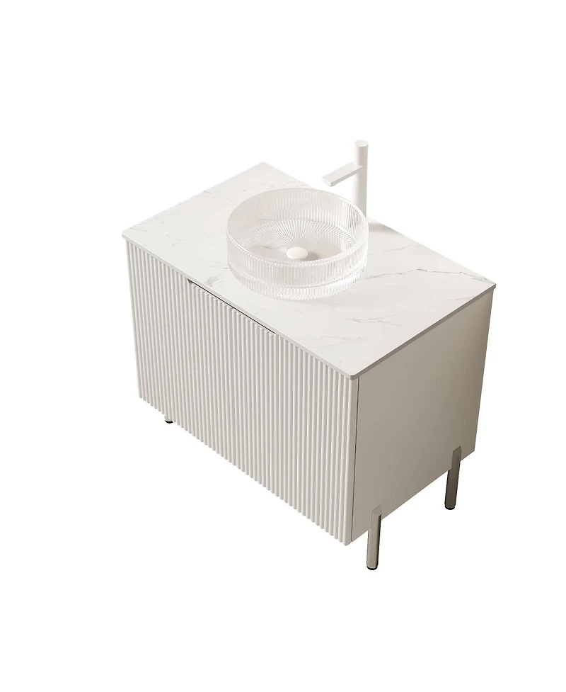 Sillysis 30 Inch Modern Bathroom Vanity with Glass Vessel Sink, Double Door Storage, Soft Close, Marble Style Top for Small Spaces