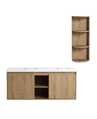 Sillysis 48 Inch Wall Mounted Double Sink Bathroom Vanity with Storage Rack, Soft Close Doors, Open Shelves, Modern Floating Cabinet