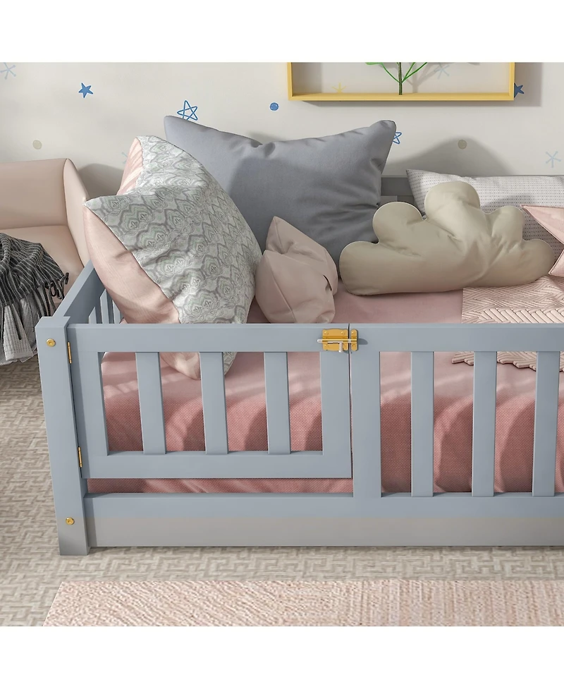 Sailvan Twin Floor Bed with Fence and Door,Solid Wood Kids Frame for Toddlers
