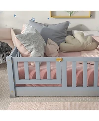 Sailvan Twin Floor Bed with Fence and Door,Solid Wood Kids Frame for Toddlers