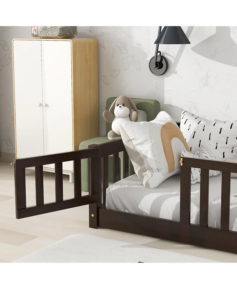 Sailvan Twin Floor Bed with Fence and Door,Solid Wood Kids Frame for Toddlers