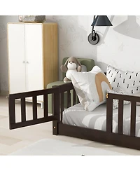 Sailvan Twin Floor Bed with Fence and Door,Solid Wood Kids Frame for Toddlers