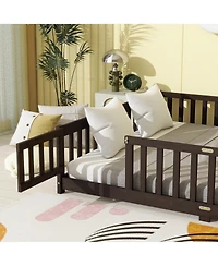Sailvan Queen Floor Bed with Fence and Door, Solid Wood Kids Platform Frame