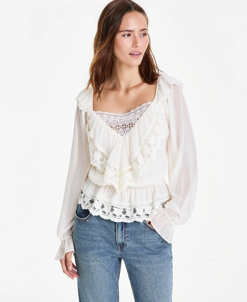 And Now This Petite Lace Long-Sleeve Ruffle Woven Blouse, Macy's Exclusive
