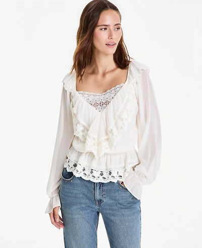 And Now This Petite Lace Long-Sleeve Ruffle Woven Blouse, Macy's Exclusive